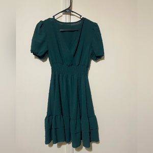 Puff Sleeve Surplice Neck Shirred Waist Ruffle Hem Swiss Dot Dress